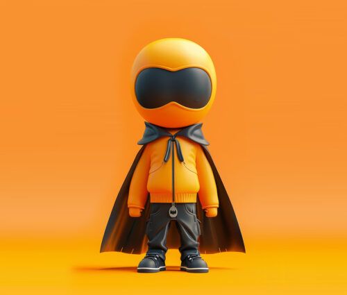 A stylized cartoon character in an orange hooded jacket, black cape, pants, and large black visor stands against a solid orange background, embodying the dynamic energy of an AI coding assistant.