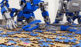 Two blue and silver robots assemble a large jigsaw puzzle, with scattered puzzle pieces covering the table.