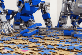 Two blue and silver robots assemble a large jigsaw puzzle, with scattered puzzle pieces covering the table.