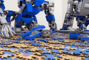 Two blue and silver robots assemble a large jigsaw puzzle, with scattered puzzle pieces covering the table.
