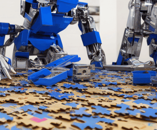 Two blue and silver robots assemble a large jigsaw puzzle, with scattered puzzle pieces covering the table.