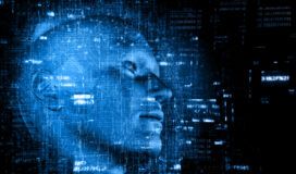 A blue digital human face surrounded by abstract data and code patterns on a dark background, symbolizing AI-assisted DevOps, artificial intelligence, or advanced technology.