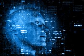 A blue digital human face surrounded by abstract data and code patterns on a dark background, symbolizing AI-assisted DevOps, artificial intelligence, or advanced technology.