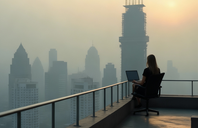 A person sits on a chair using a laptop on a rooftop terrace, overlooking a city skyline shrouded in haze at sunrise or sunset.