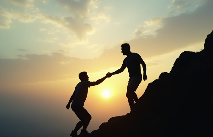 Two people on a hillside at sunset; one stands and helps the other climb up, both silhouetted against the sky.