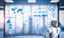 A humanoid robot stands in front of a large curved digital screen displaying global maps, charts, and data visualizations for enterprise AI success measurement.