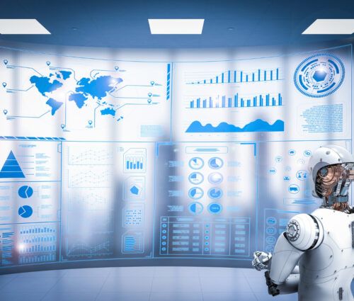 A humanoid robot stands in front of a large curved digital screen displaying global maps, charts, and data visualizations for enterprise AI success measurement.