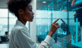 A person in business attire interacts with data visualizations on a large transparent touchscreen in a modern office setting.