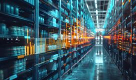 A brightly lit data center aisle with rows of server racks, digital data graphs and charts overlaid, illustrating how AI improves customer experience through advanced information storage and analysis.