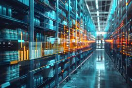 A brightly lit data center aisle with rows of server racks, digital data graphs and charts overlaid, illustrating how AI improves customer experience through advanced information storage and analysis.