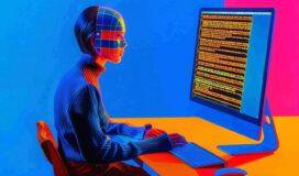 A person with a digitized, grid-patterned face works at a computer displaying colorful lines of code, against a vibrant multicolored background.