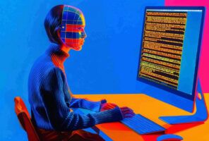 A person with a digitized, grid-patterned face works at a computer displaying colorful lines of code, against a vibrant multicolored background.