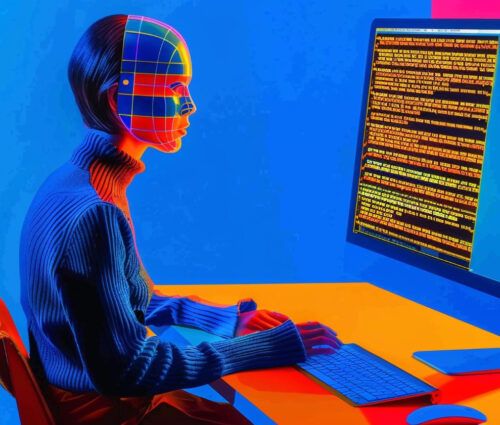 A person with a digitized, grid-patterned face works at a computer displaying colorful lines of code, against a vibrant multicolored background.