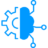 Blue icon showing a half gear merged with a half brain, with three circuit lines extending from the brain side, symbolizing AI consulting services and advanced technology integration.