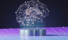 A digital 3D rendering of a neural network shaped like a brain, inspired by Databricks and Palantir, sits on a metallic platform with a grid and scattered spheres in the background.