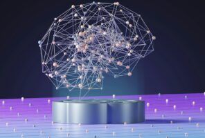 A digital 3D rendering of a neural network shaped like a brain, inspired by Databricks and Palantir, sits on a metallic platform with a grid and scattered spheres in the background.