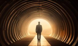 A person in a suit walks through a tunnel with sunlight shining brightly at the exit, casting a strong, AI-ready silhouette.