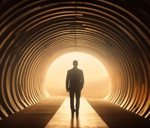 A person in a suit walks through a tunnel with sunlight shining brightly at the exit, casting a strong, AI-ready silhouette.