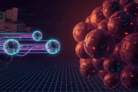 Retro computers labeled "open source" connect to glowing digital spheres via neon lines, facing a cluster of metallic orbs on a grid-patterned digital landscape.