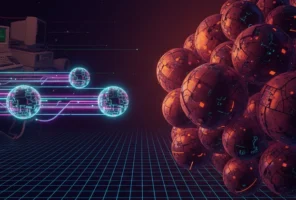 Retro computers labeled "open source" connect to glowing digital spheres via neon lines, facing a cluster of metallic orbs on a grid-patterned digital landscape.