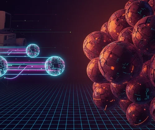 Retro computers labeled "open source" connect to glowing digital spheres via neon lines, facing a cluster of metallic orbs on a grid-patterned digital landscape.