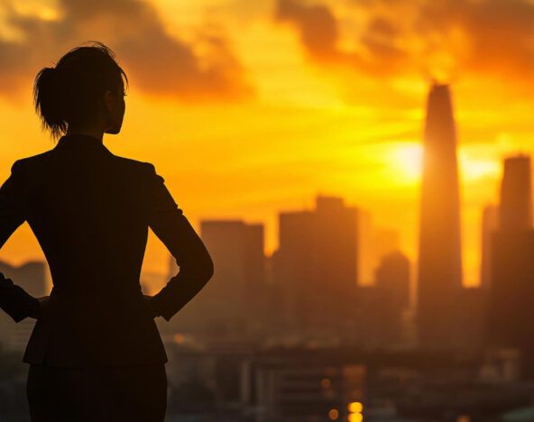 Silhouette of a woman in business attire standing with hands on hips, looking at a city skyline during sunset, contemplating 2025 tech predictions.