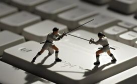 Two miniature fencers duel with swords atop a computer keyboard key, cleverly symbolizing the competitive edge of AI software.