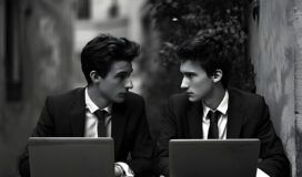 Two men in suits sit at a small outdoor table with laptops, engaged in a serious conversation about AI in enterprise in a narrow alleyway.