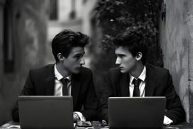 Two men in suits sit at a small outdoor table with laptops, engaged in a serious conversation about AI in enterprise in a narrow alleyway.