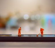 Two miniature figurines in orange work uniforms stand on a smartphone, symbolizing how AI in enterprise helps clean up and streamline digital operations. One sweeps while the other holds a shovel, highlighting teamwork and innovation.