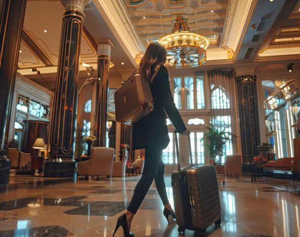 A woman in heels walks through a luxurious hotel lobby, pulling a suitcase and carrying a backpack—embodying the dynamic pace of modern travel for Ai for business leaders.