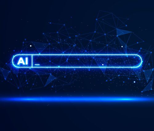 A glowing blue search bar with the text "AI" on a dark background, surrounded by digital network lines and nodes, hints at concerns like prompt injection in artificial intelligence systems.