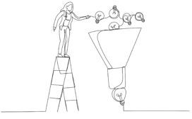 A woman stands on a ladder, placing lightbulbs into a large funnel, with more lightbulbs falling out of the funnel's bottom.