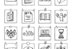 A grid of hand-drawn icons related to job applications, including tests, forms, job offers, worksheets, documents, job search, laptops, hourglasses, and acceptance.