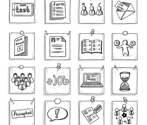 A grid of hand-drawn icons related to job applications, including tests, forms, job offers, worksheets, documents, job search, laptops, hourglasses, and acceptance.