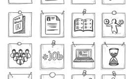 A grid of hand-drawn icons related to job applications, including tests, forms, job offers, worksheets, documents, job search, laptops, hourglasses, and acceptance.