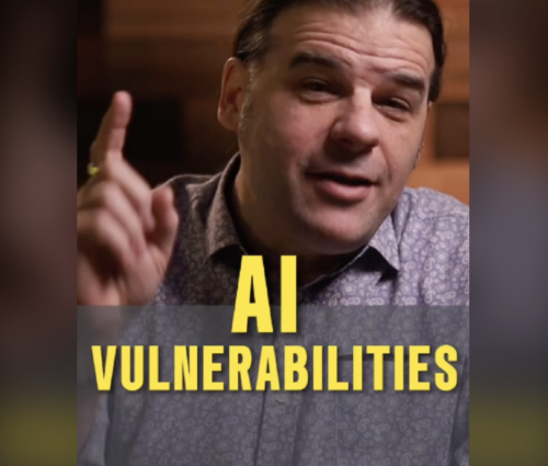 A man gestures with his index finger raised. Text on screen reads: "AI Vulnerabilities Simplified." Video timestamp shows 2:51.