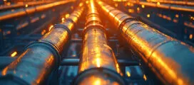 Sun setting on oil pipes.