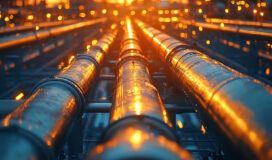 Sun setting on oil pipes.