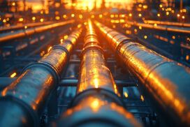 Sun setting on oil pipes.